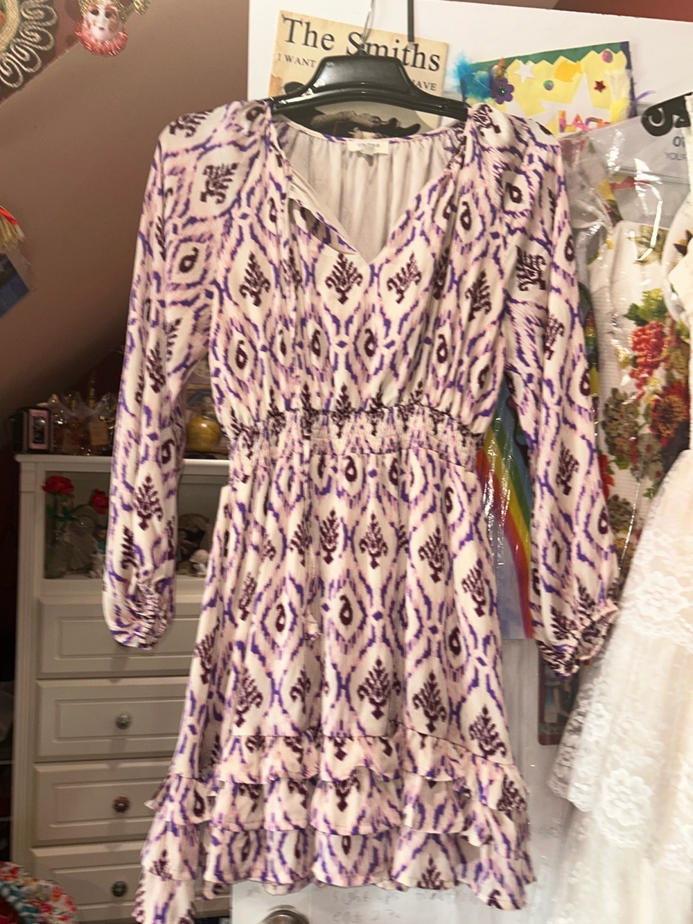 Women's Purple Patterned Long-Sleeve Smocked Waist Dress